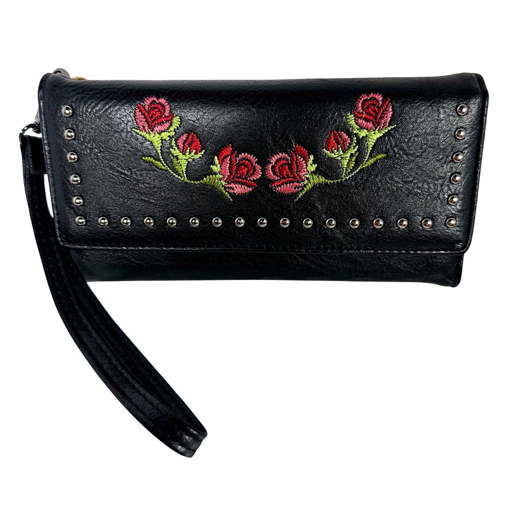Black Rose Embroidered Wristlet Wallet Clutch Studded Floral Goth Western